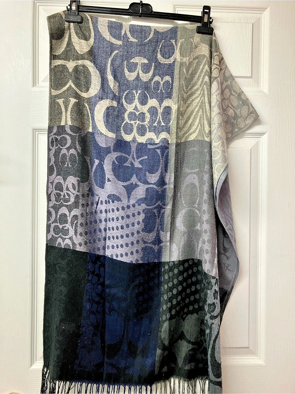 Y2k Coach Patchwork Logo Scarf in Blue & Gray pashmina